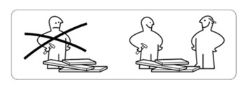 A cartoon single person with a hammer and parts to assemble. The person is crossed out. A cartoon of two people smiling with parts to assemble. The people are not crossed out