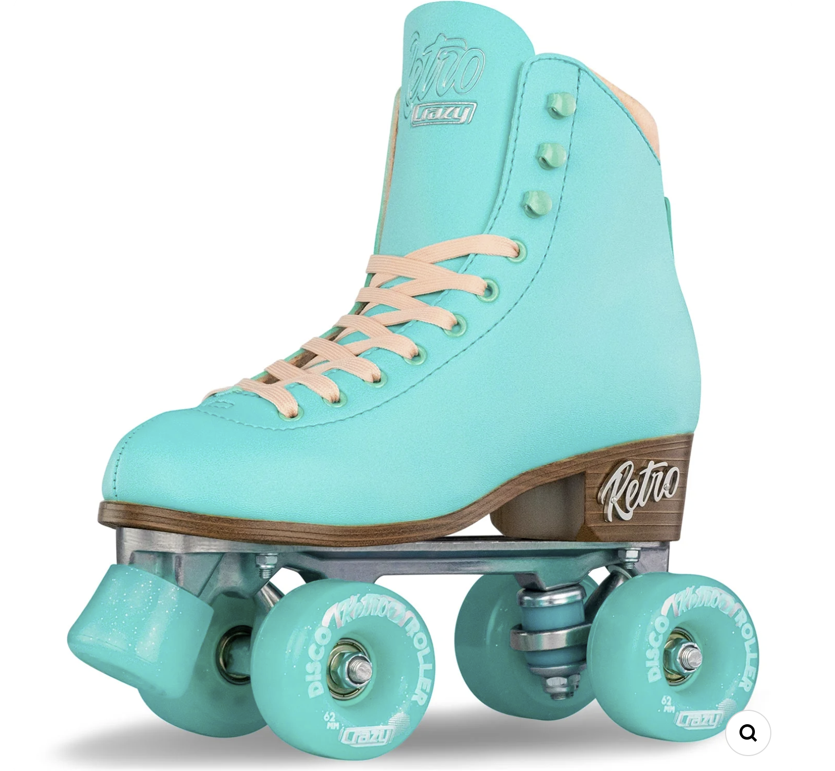 A single roller-skate. Boot is shiny teal vinyl with peach laces. Wheels and toe stop are matching teal. 